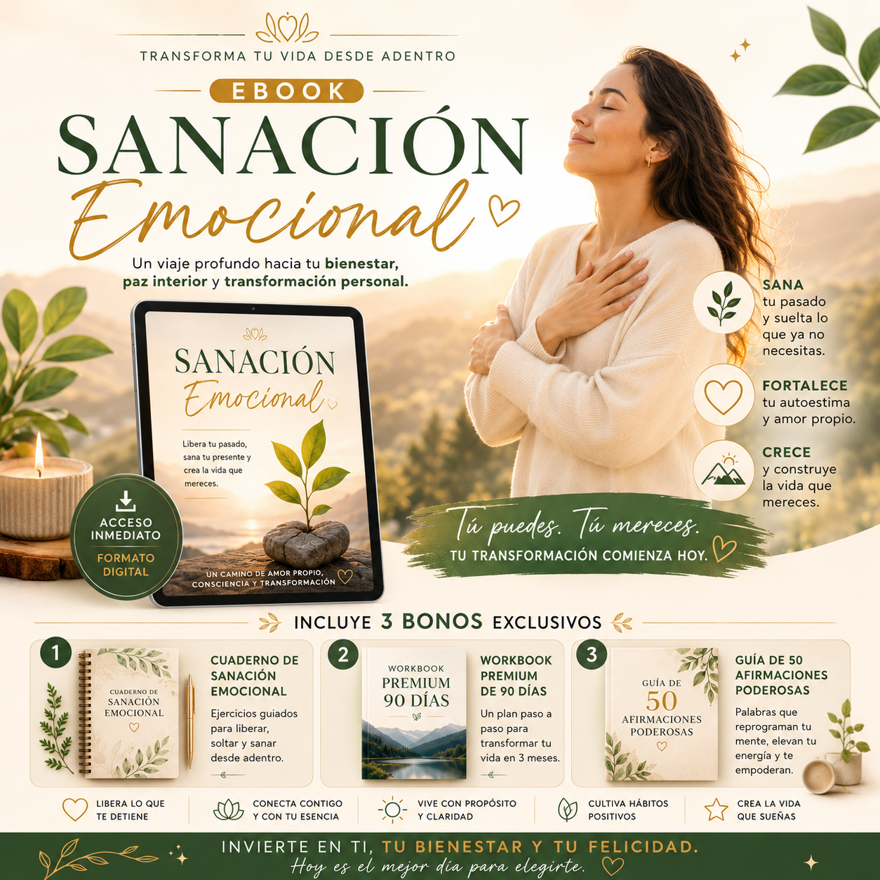 Guía Practica de Sanación emocional+3 bonos: Bienestar, paz interior y transformación personal.